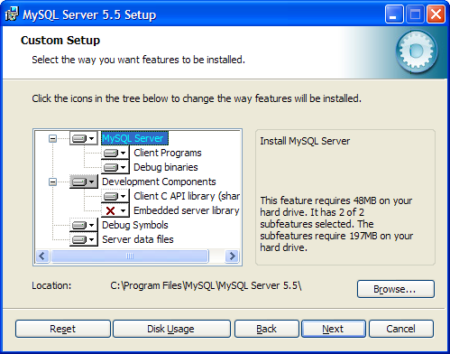 Выбор компонентов MySQL и задание директории MySQL